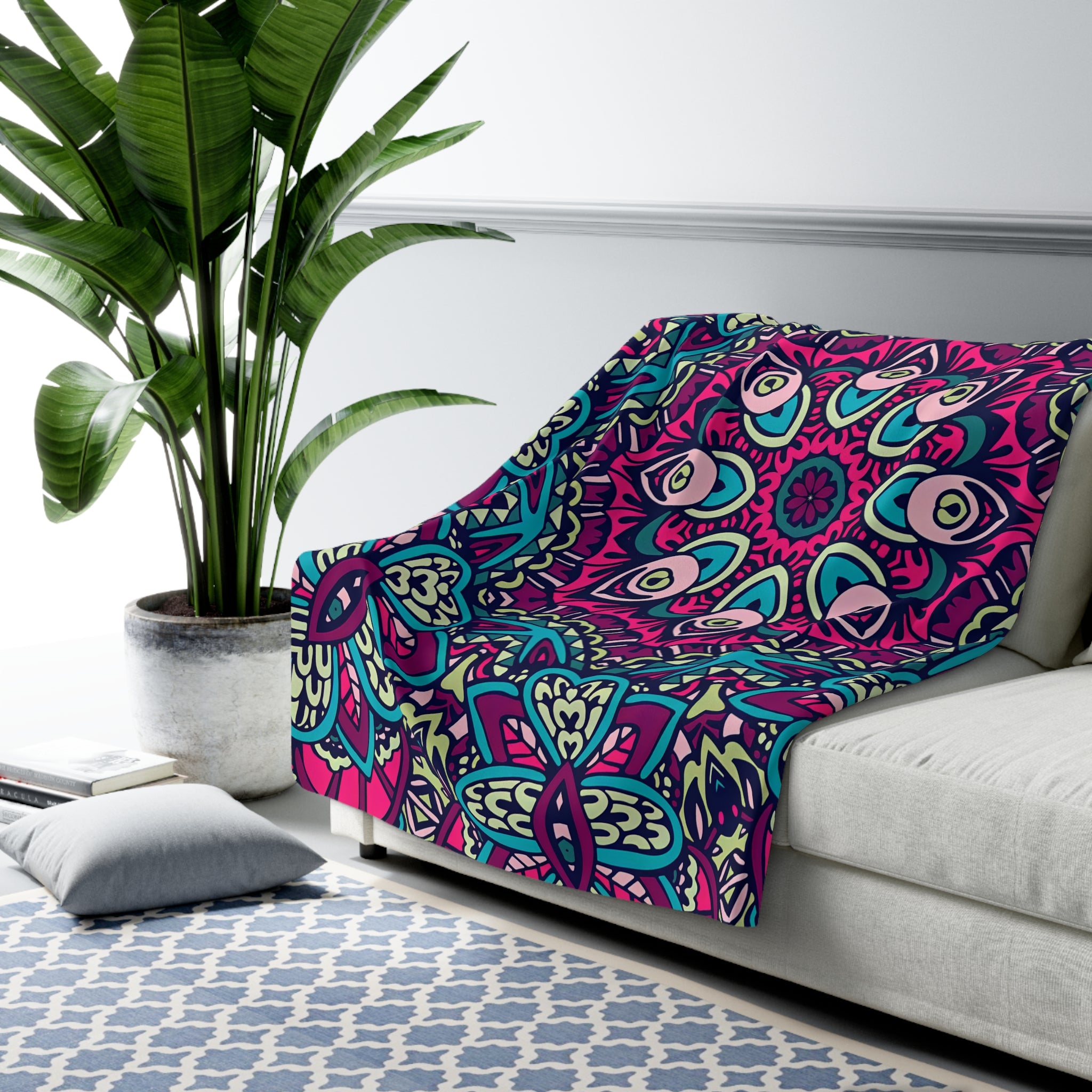 Colorful BoHo Patterned Sherpa Fleece Blanket