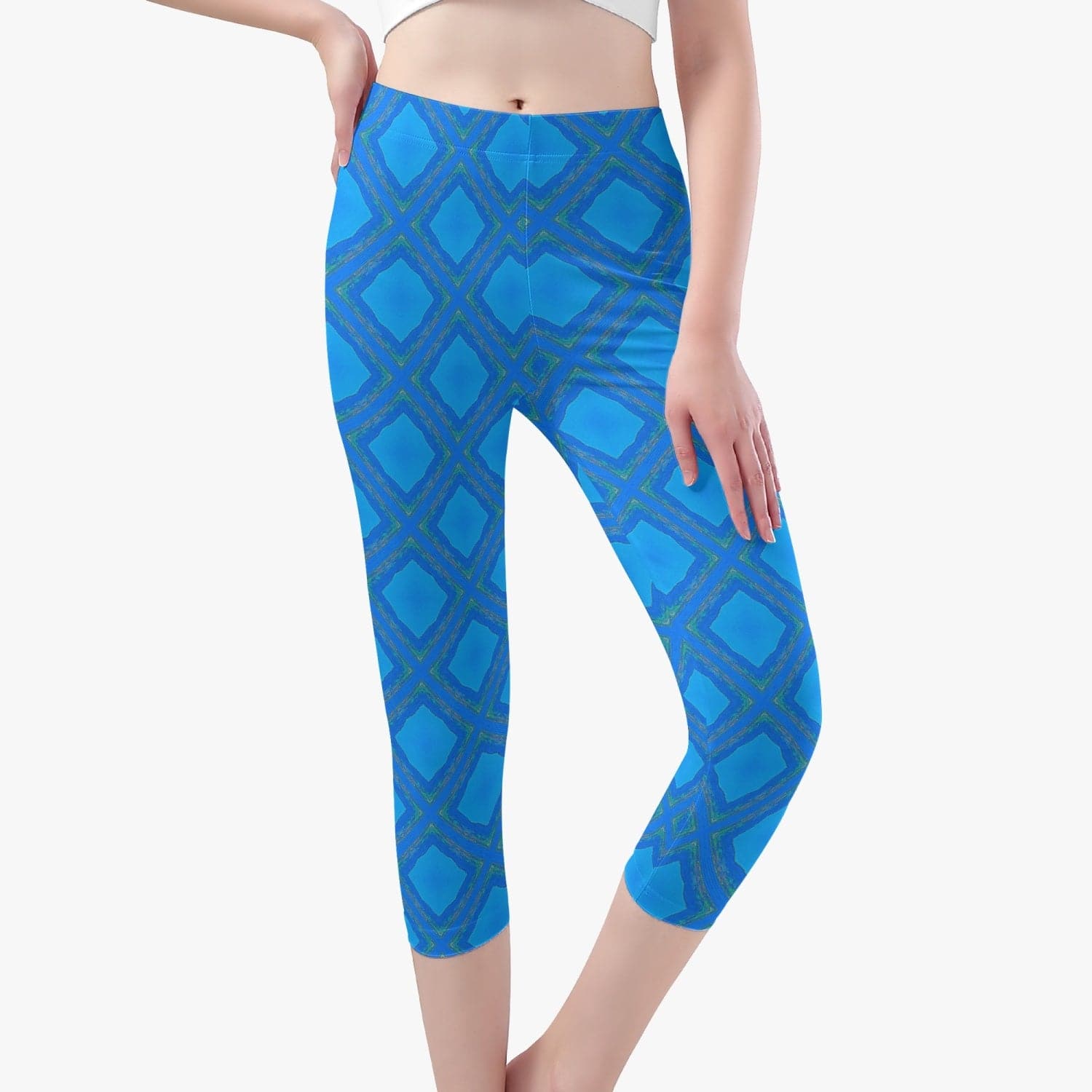 Skinny Fit Summer Lake Blue, square patterned Stylish 3/4 Yoga Leggings by Sensus Studio Design