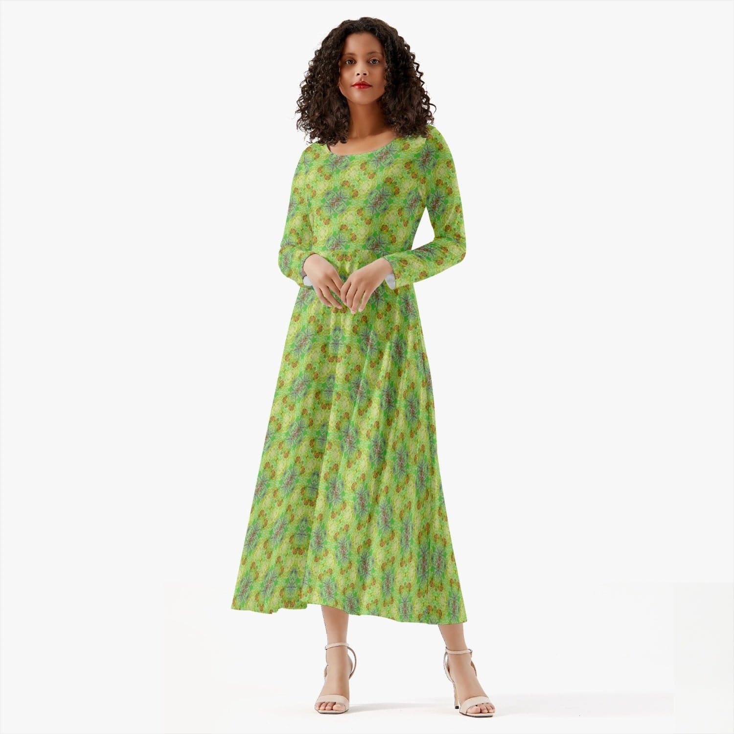 Spring Green pattern trendy 2022 Women's Long-Sleeve One-piece Dress, by Sensus Studio Design