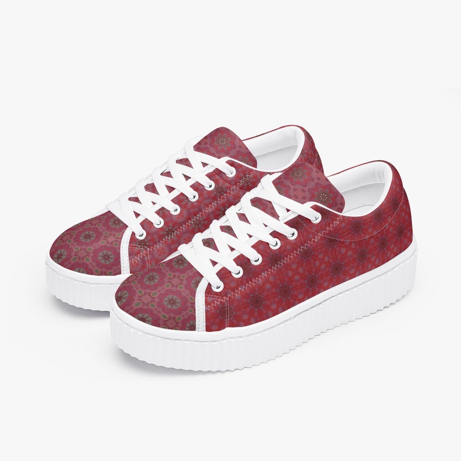 Red Wine rosy patterned Stylish Women’s Low Top Mesh Platform Sneakers, by Sensus Studio Design