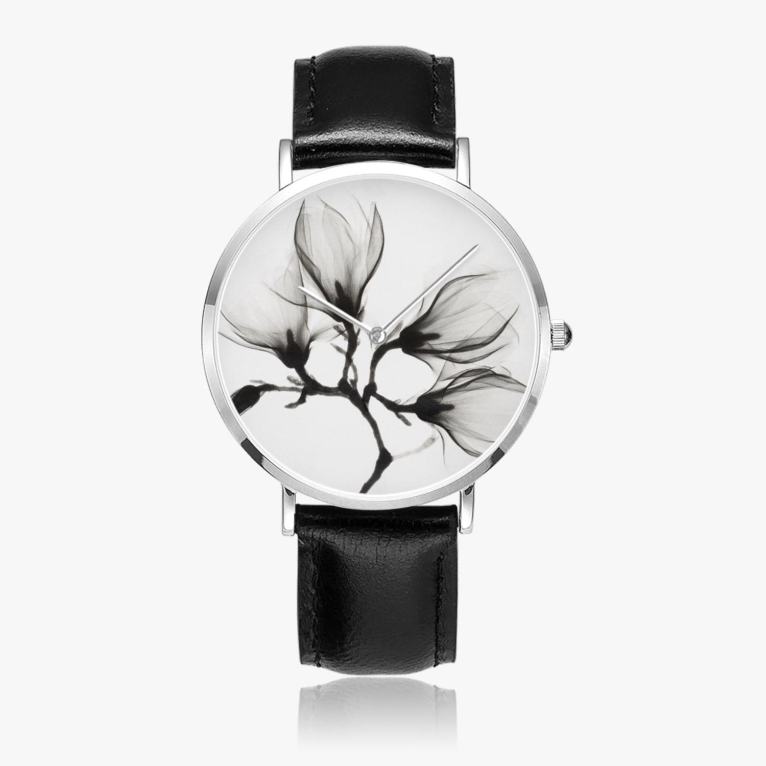 White magnolia  Hot Selling Ultra-Thin Leather Strap Quartz Watch (Silver), By Sensus Studio Design