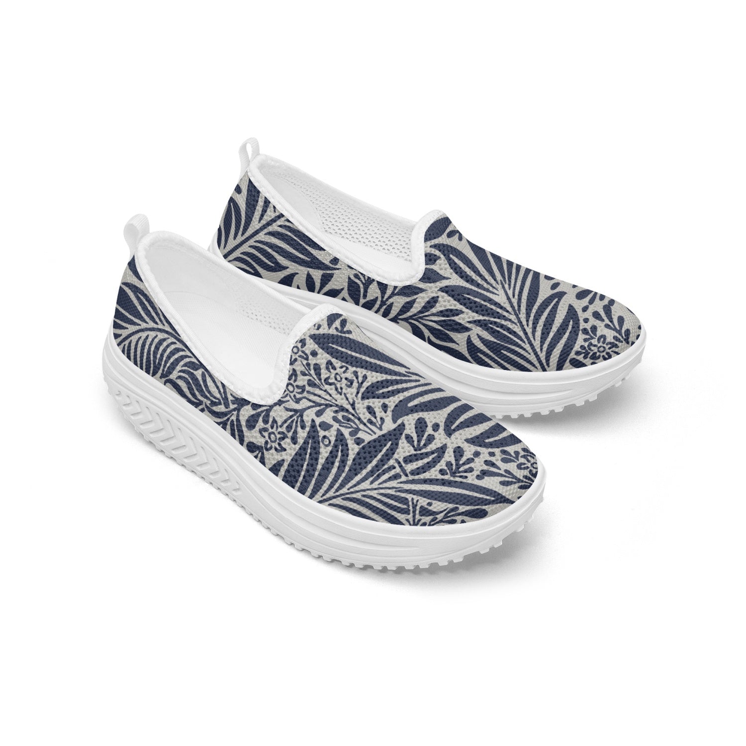 Blue and White Floral pattern Women's Slip-On Mesh Rocking Shoes, by Sensus Studio Design