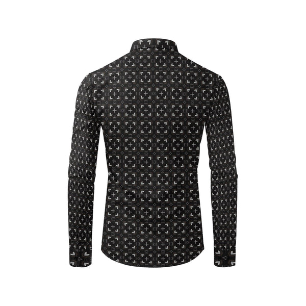 Black Shirt with Geometrical Squares Pattern for Men Long Sleeve Shirt (Without Pocket)
