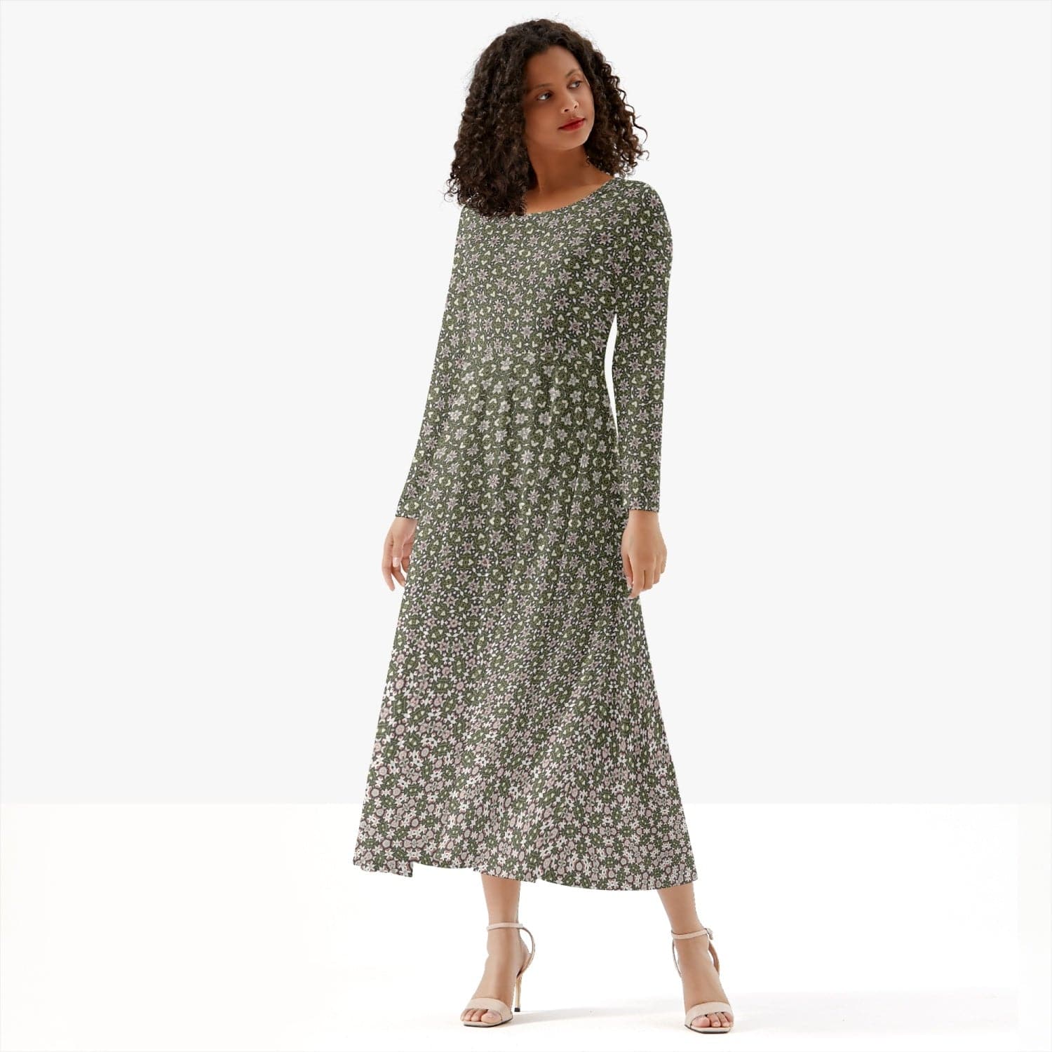 White lilie in Green rosy pattern, Stylish Women's Long-Sleeve One-piece Dress, by Sensus Studio Design