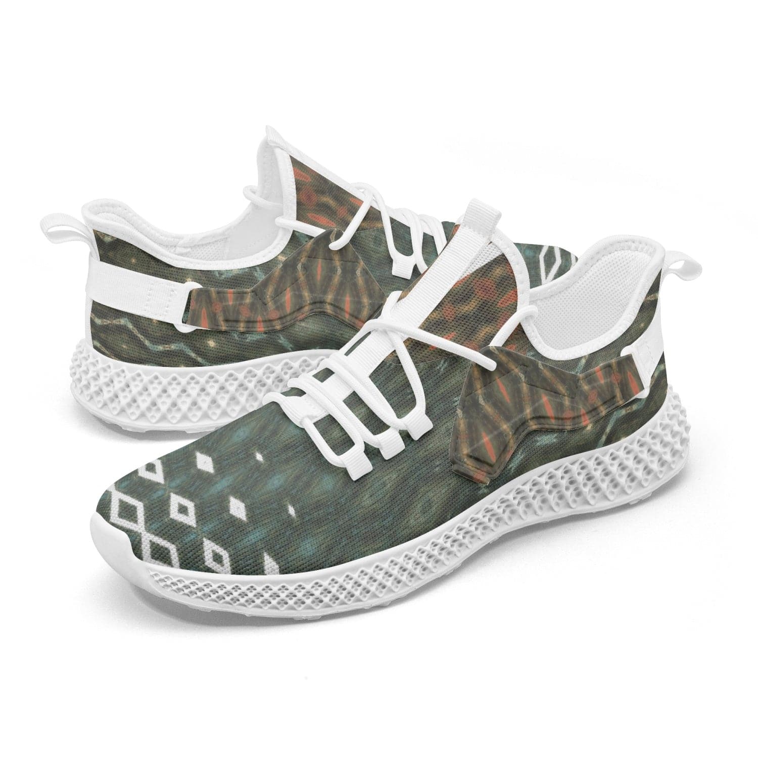 The Art of Green and Brown, Men's Sports  Net Style Mesh Knit Sneakers, by Sensus Studio Design