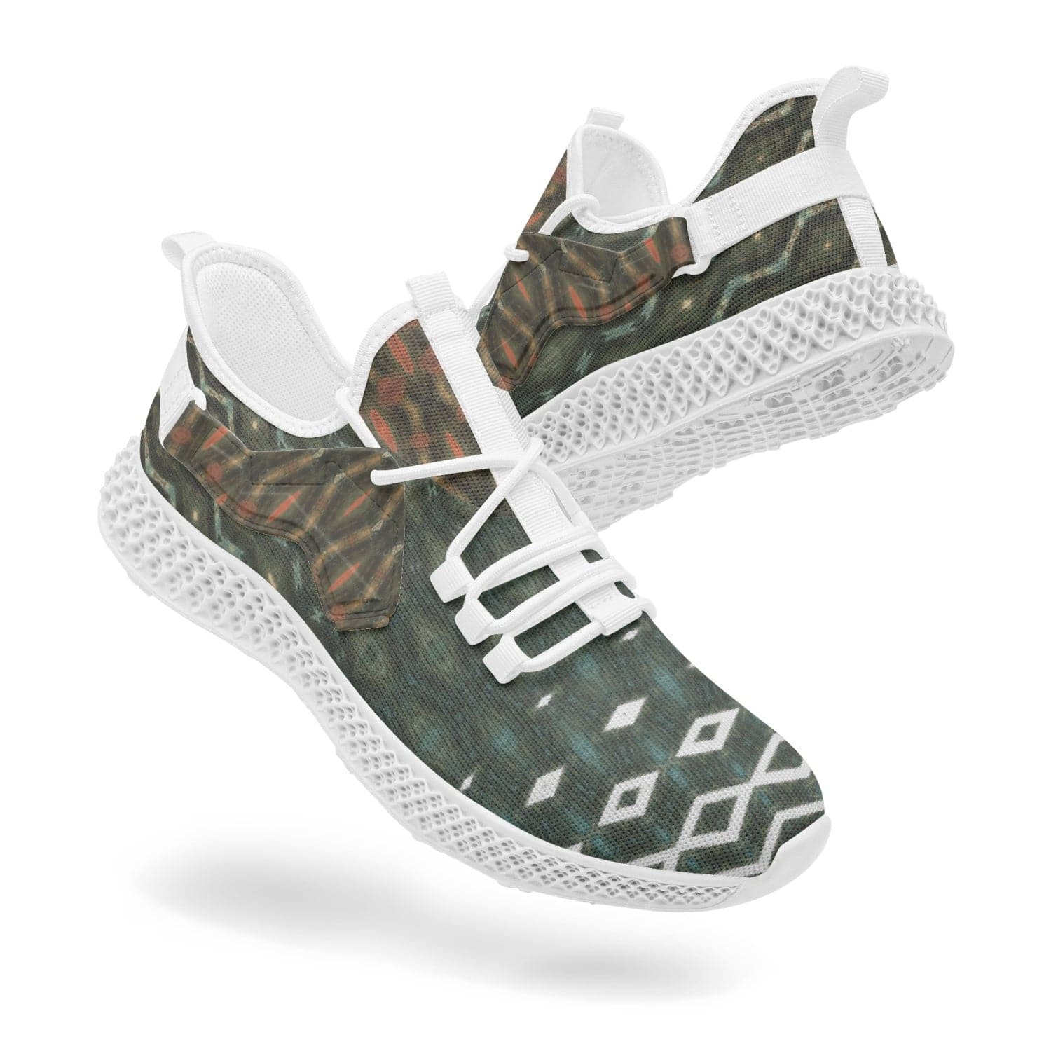 The Art of Green and Brown, Men's Sports  Net Style Mesh Knit Sneakers, by Sensus Studio Design