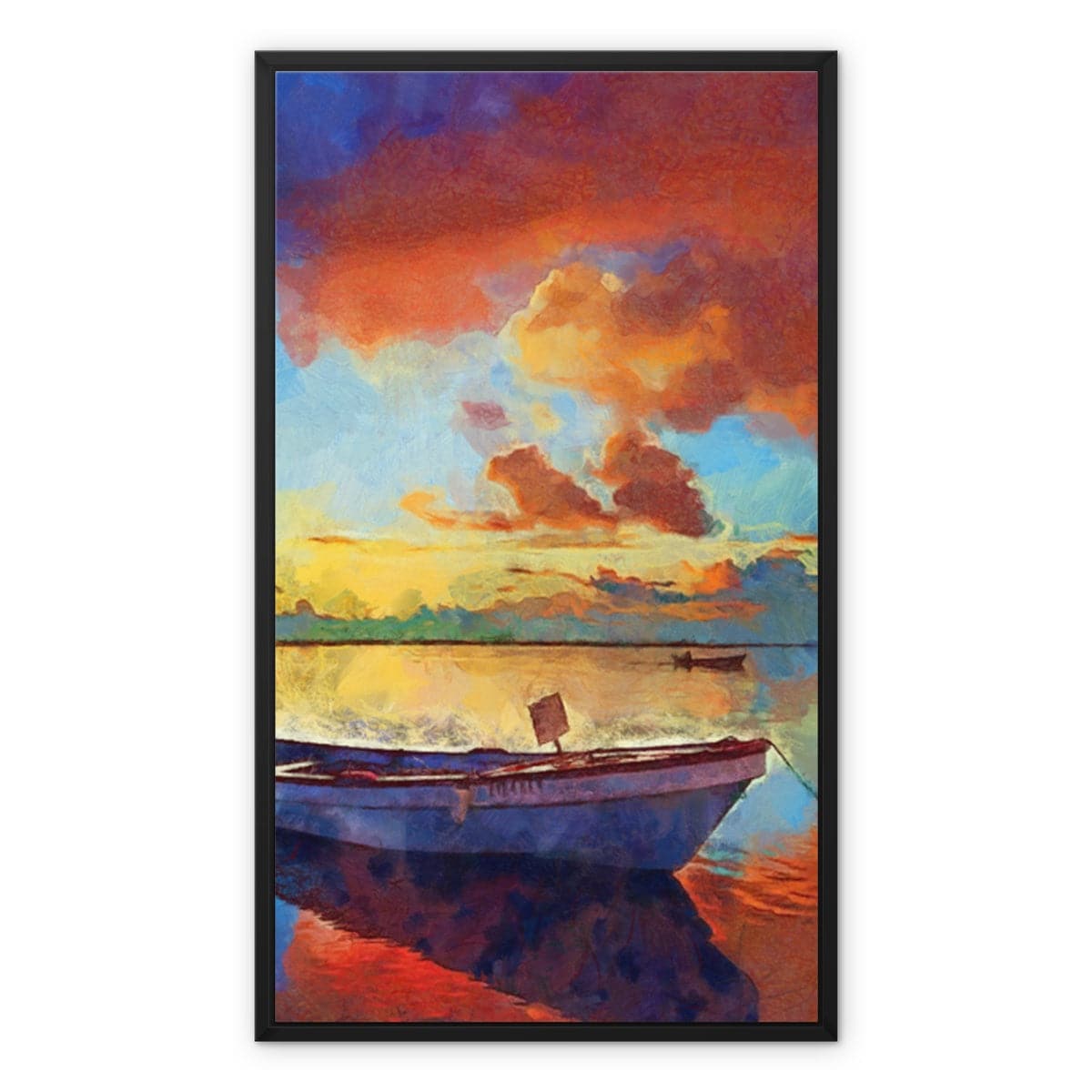 Boat at Orange Dawn in Lake Framed Canvas
