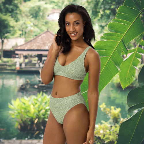 Soft Green fine patterned Recycled high-waisted bikini, by Sensus Studio Design