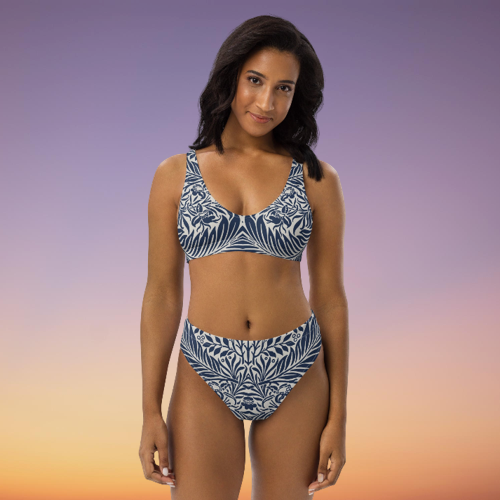 Blue and White floral composition Recycled high-waisted bikini, by Sensus Studio Design