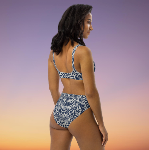 Blue and White floral composition Recycled high-waisted bikini, by Sensus Studio Design