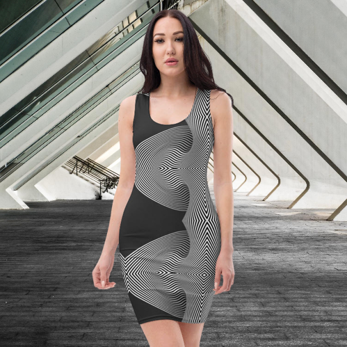 Black and White Curves, Exclusive designed fitted Sublimation Cut & Sew Dress, by Sensus Studio Design
