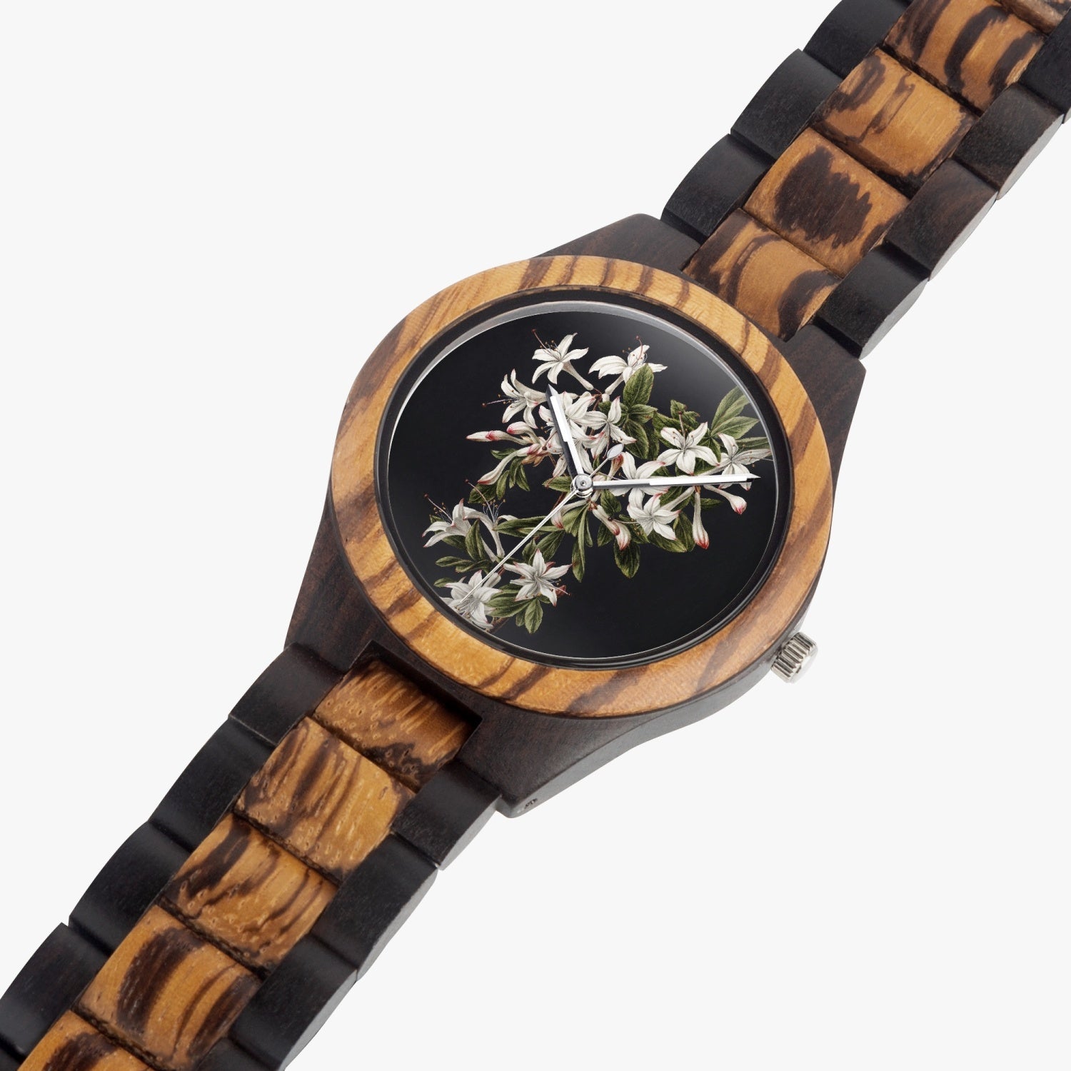 White flowers in an Ebony Wooden Watch, by Sensus Studio Design
