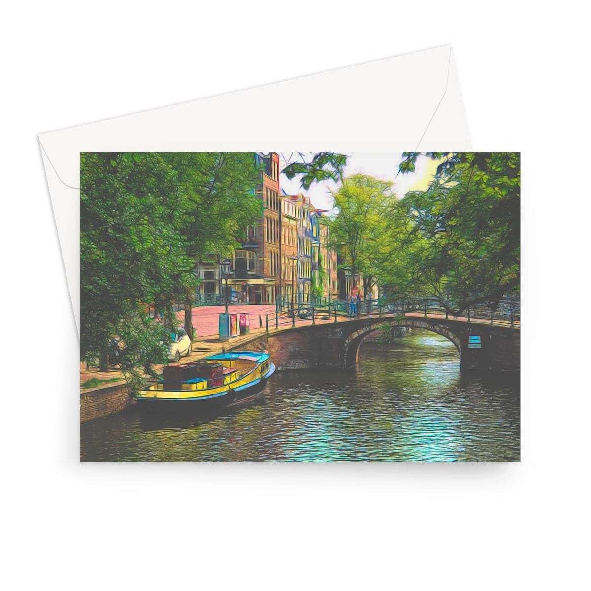 Boat and bridge in Amsterdam,  Art on a Greeting Card, by Sensus Studio