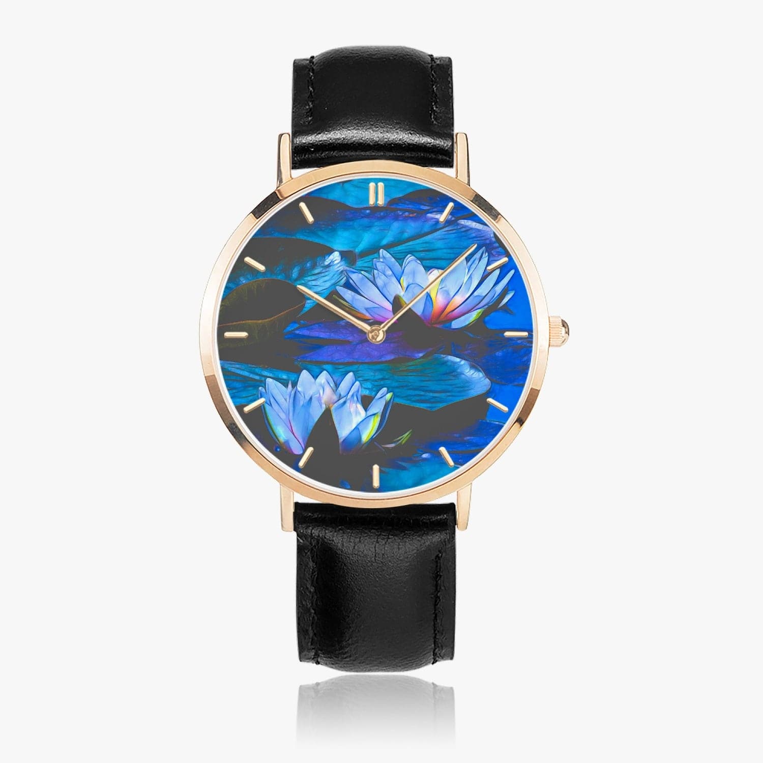Blue lilies Hot Selling Ultra-Thin Leather Strap Quartz Watch (Rose Gold With Indicators)