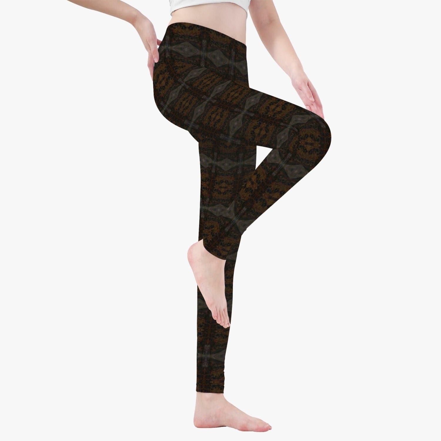 Womens New Beginnings Streetwear  Black Gold and Brown Patterned Yoga Pants/leggings by Sensus Studio Design