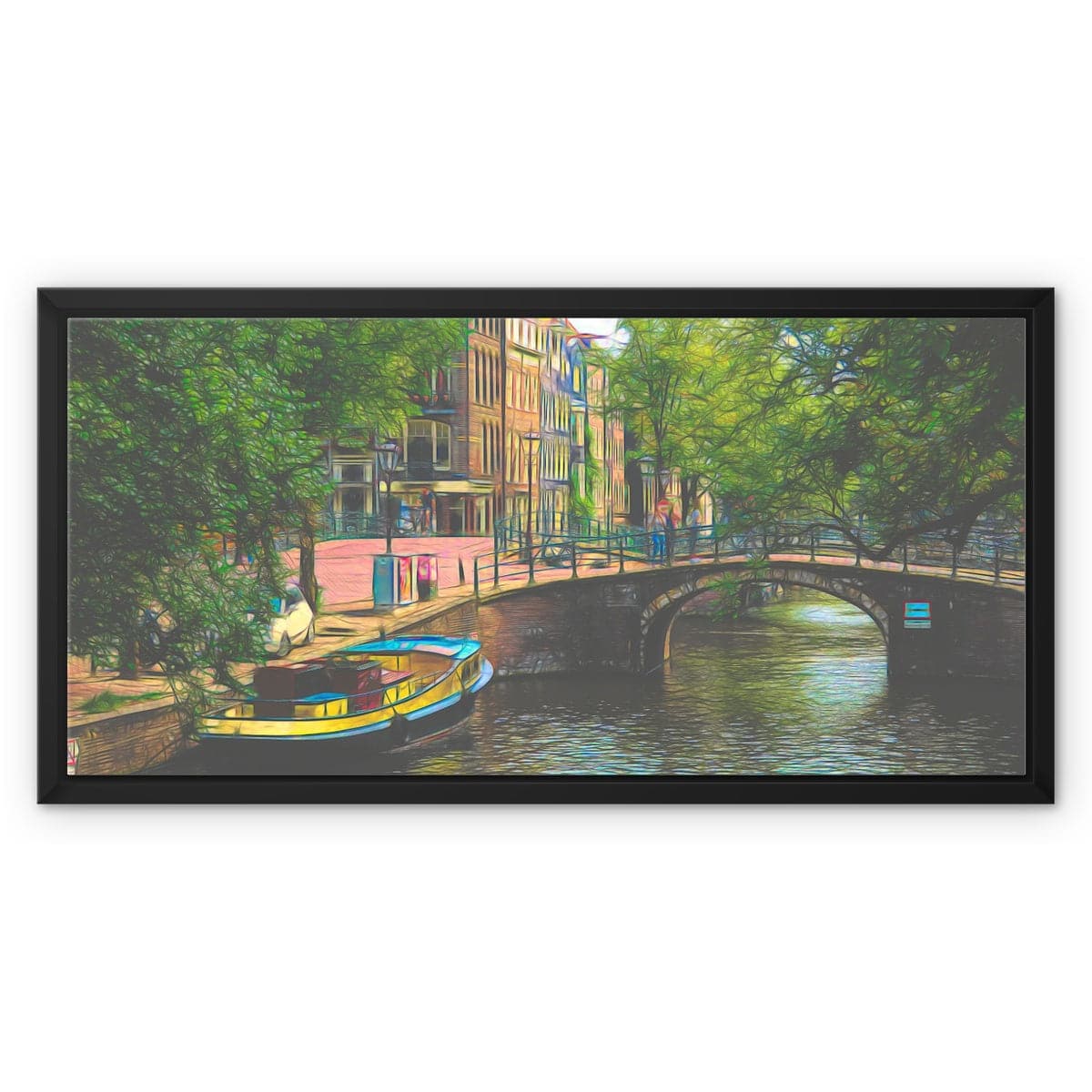 Boat and bridge in Amsterdam,  Framed Canvas, by Sensus Studio