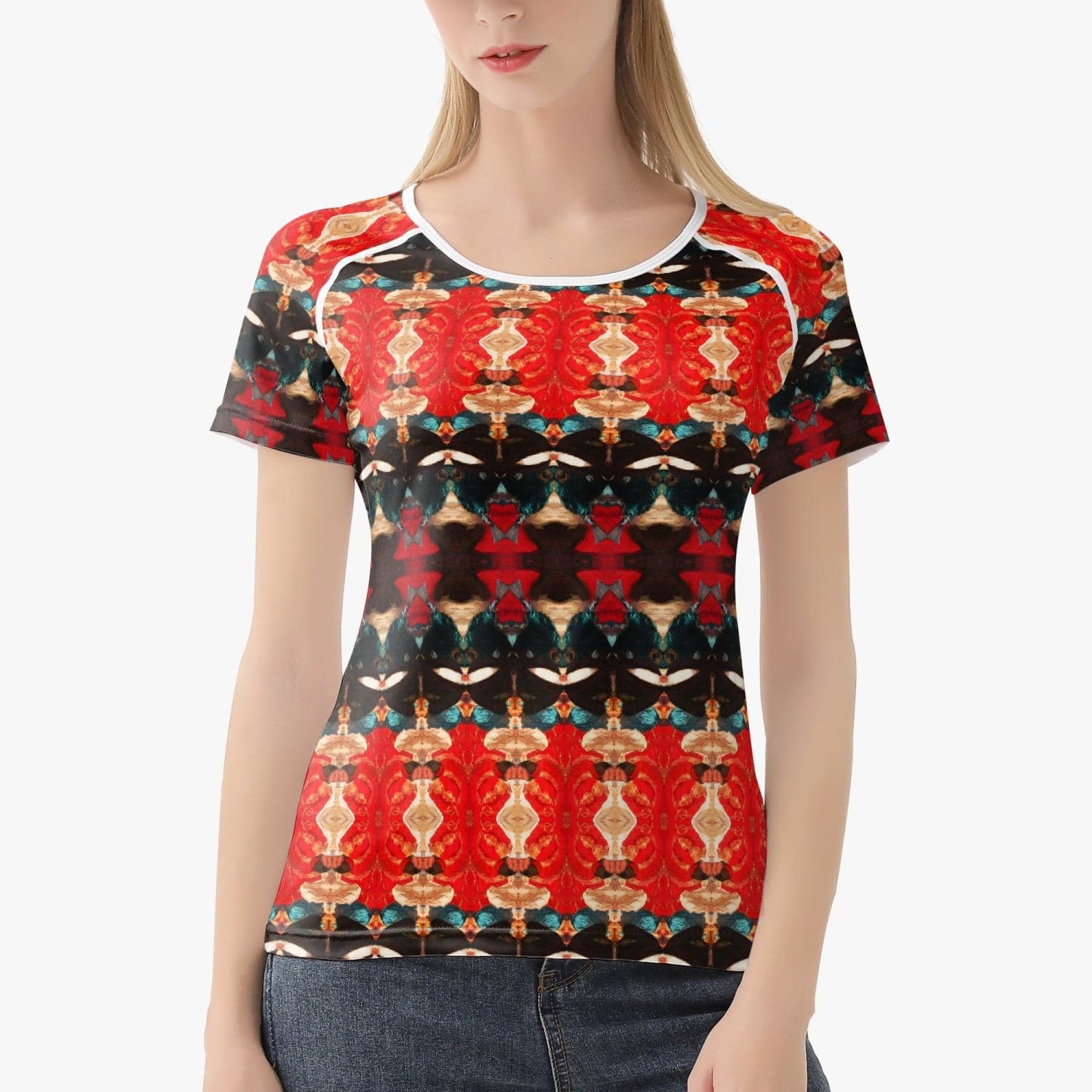 Red Orange and Black Hymalaian Patterned, Handmade Hot Women T-shirt Sports/ Yoga Top, by Sensus Studio Design