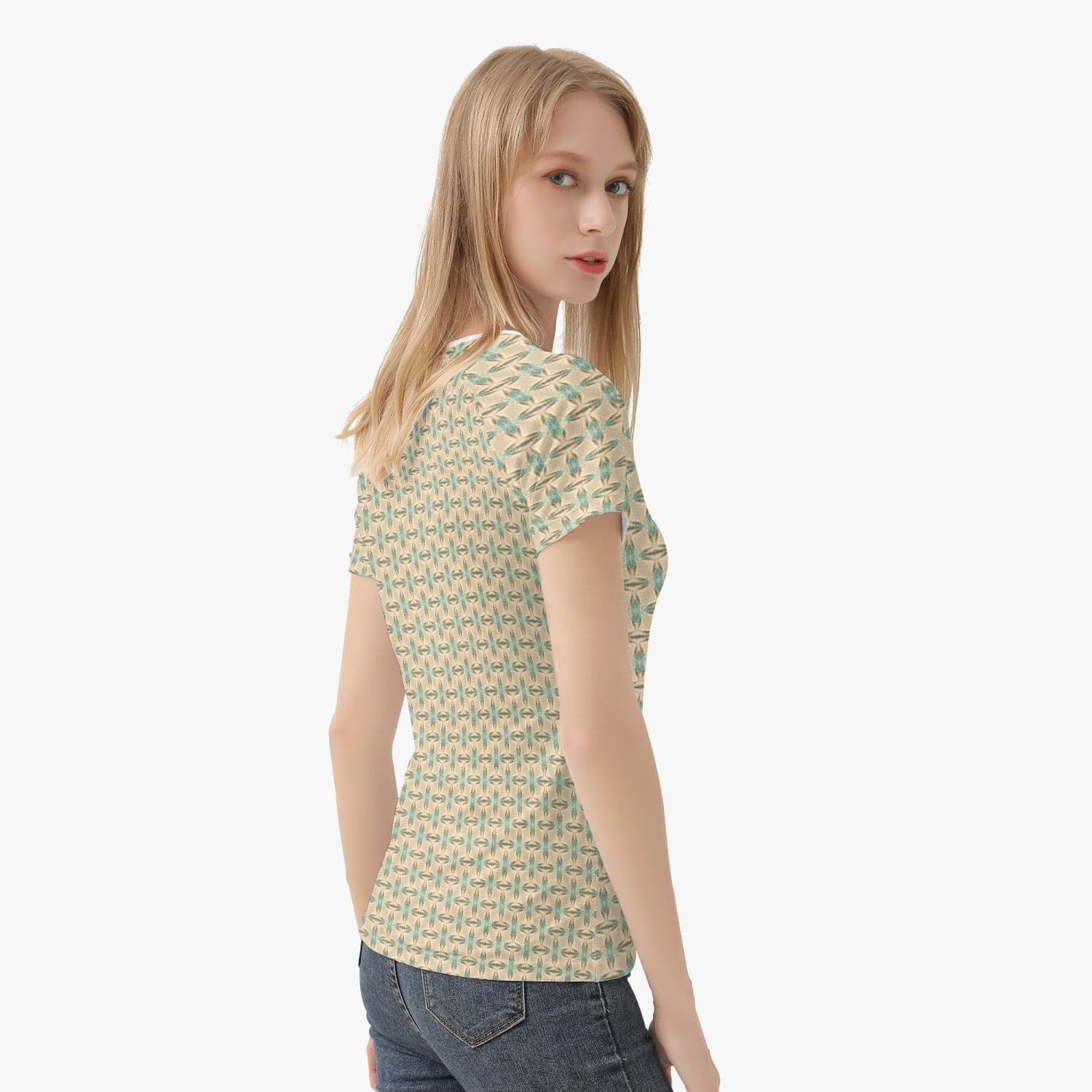 Sand and Aqua blue fine patterned Handmade Quick dry Women Yoga Top/T-shirt, by Sensus Studio Design