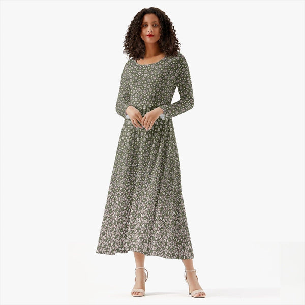 White lilie in Green rosy pattern, Stylish Women's Long-Sleeve One-piece Dress, by Sensus Studio Design