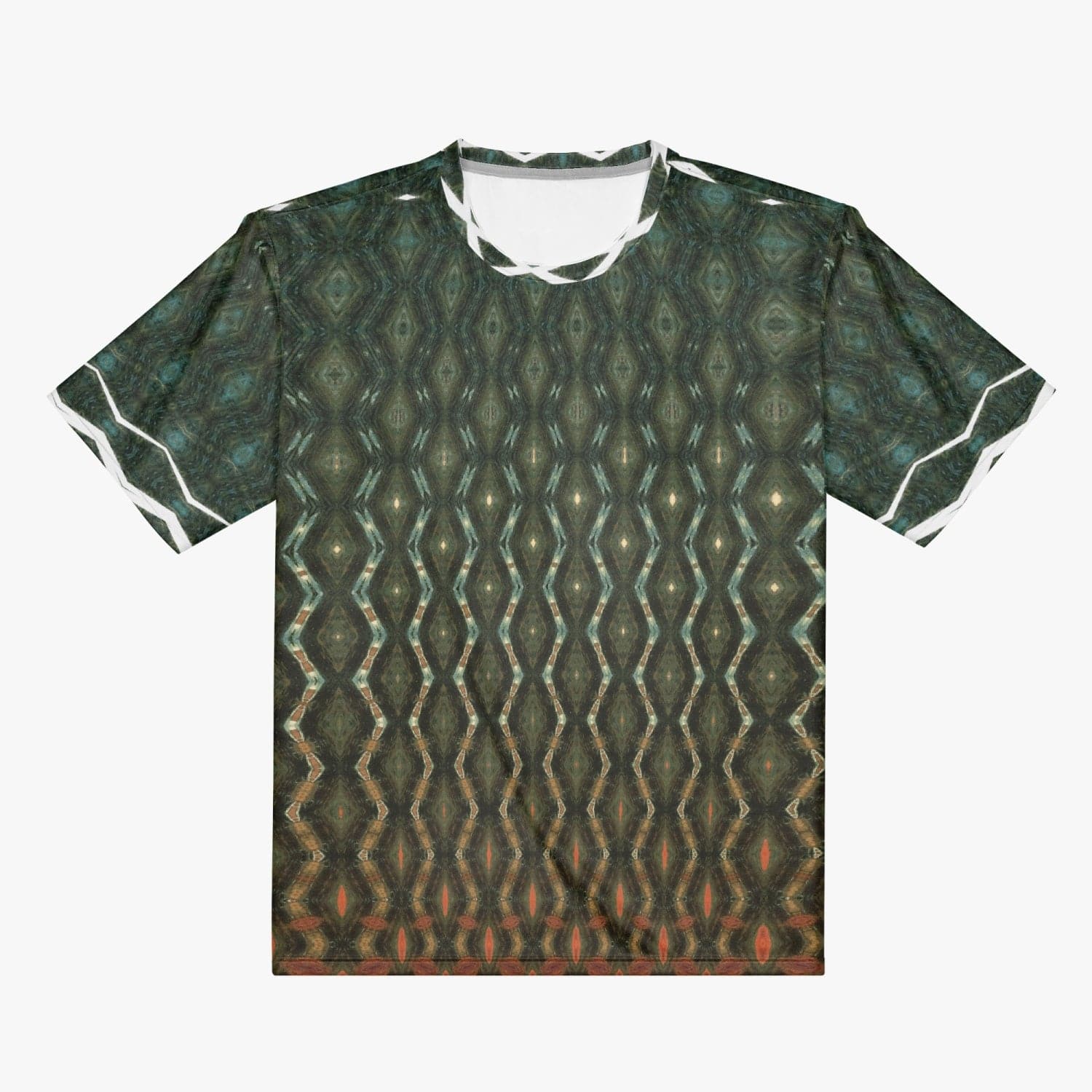 Green Patterned Handmade T-shirt with Orange and White Elements
