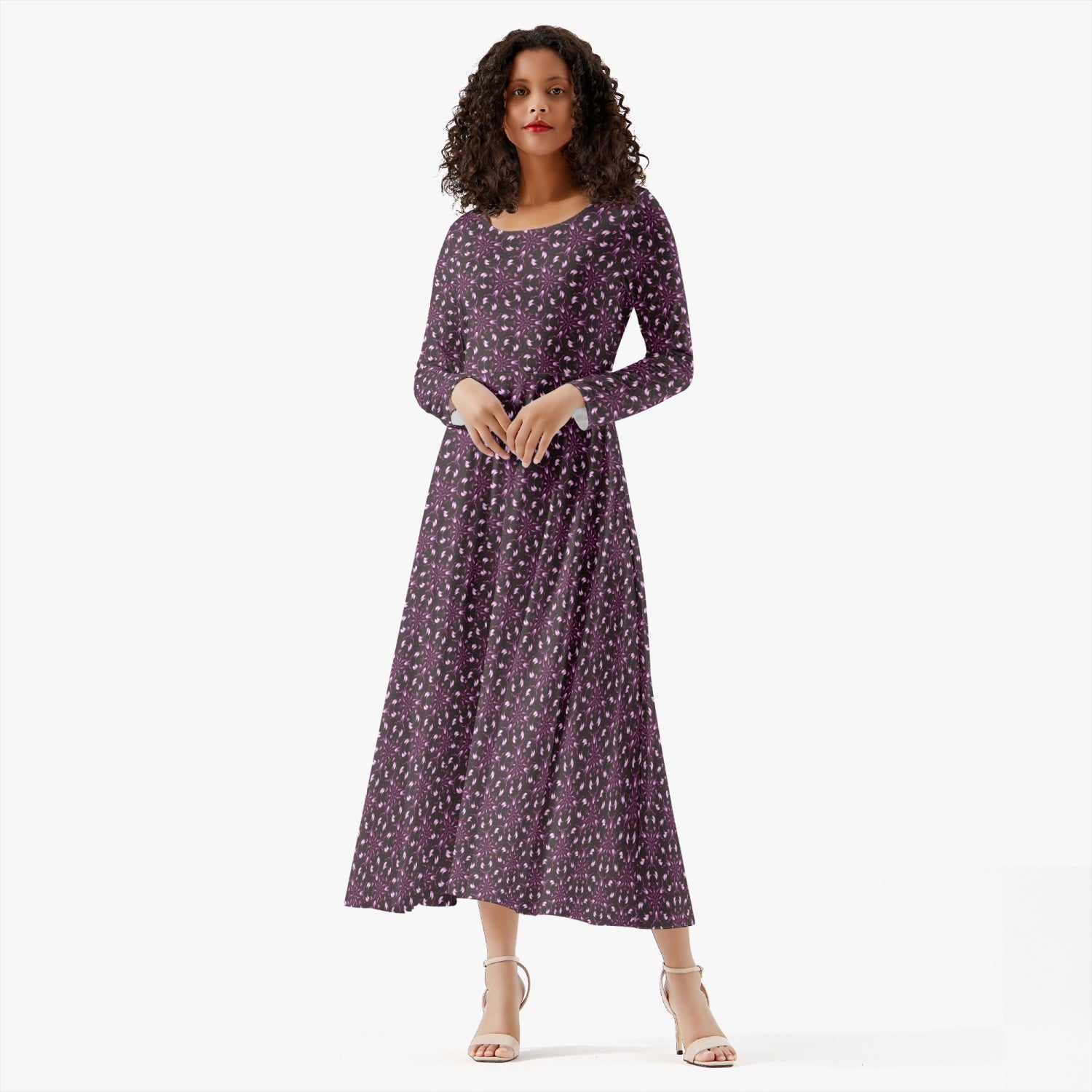 Deep Purple patterned Trendy autumn 2022 Women's Long-Sleeve One-piece Dress, by Sensus Studio Design