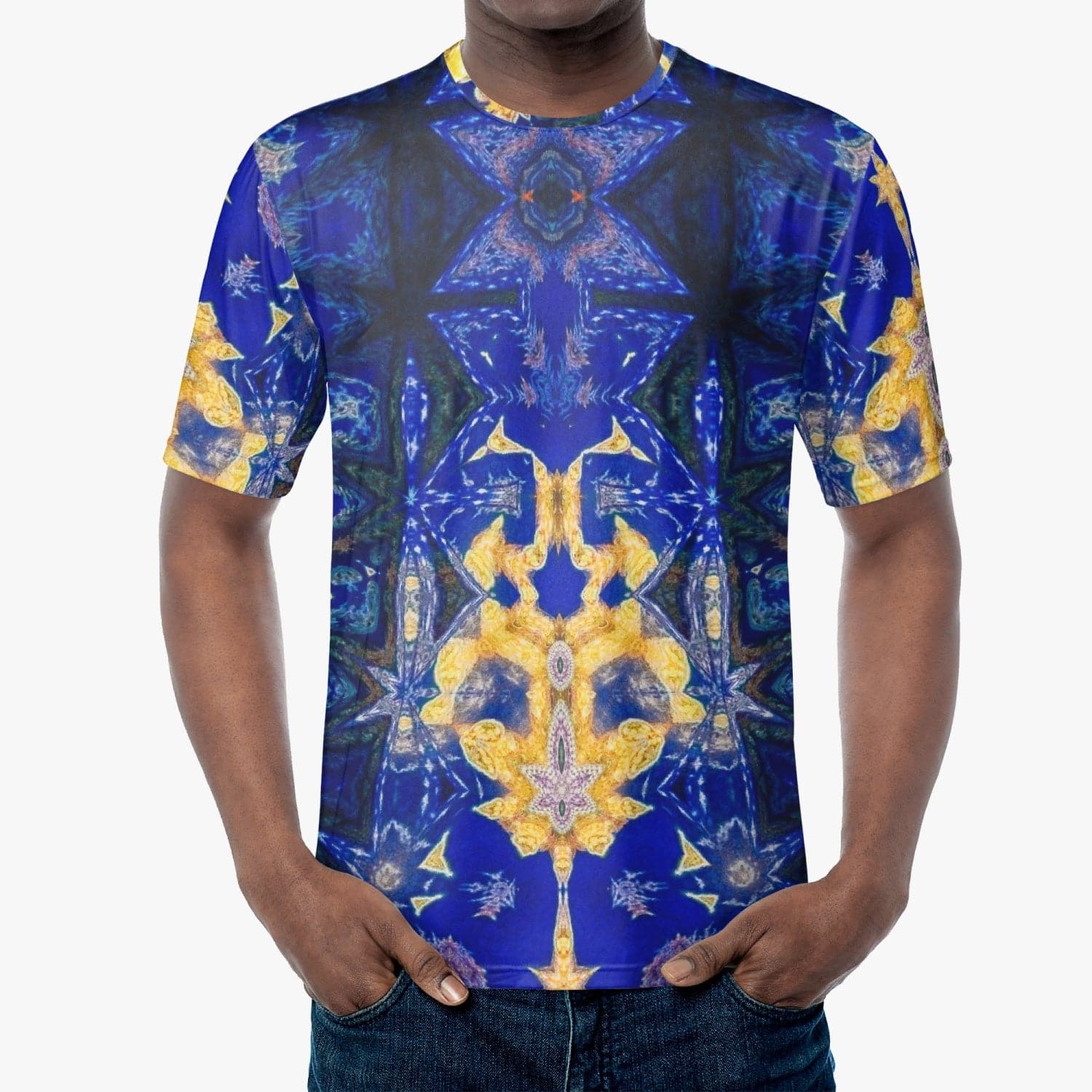 Sensus Studio Design Blue with Yellow Pattern Handmade T-shirt for Stylish Men