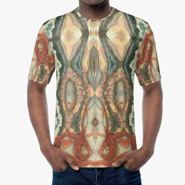 Handmade Alpha and Omega Multi Colored Pattern T-shirt for Men by Sensus Studio Design