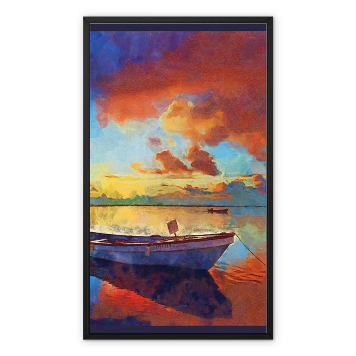 Boat at Orange Dawn in Lake Framed Canvas