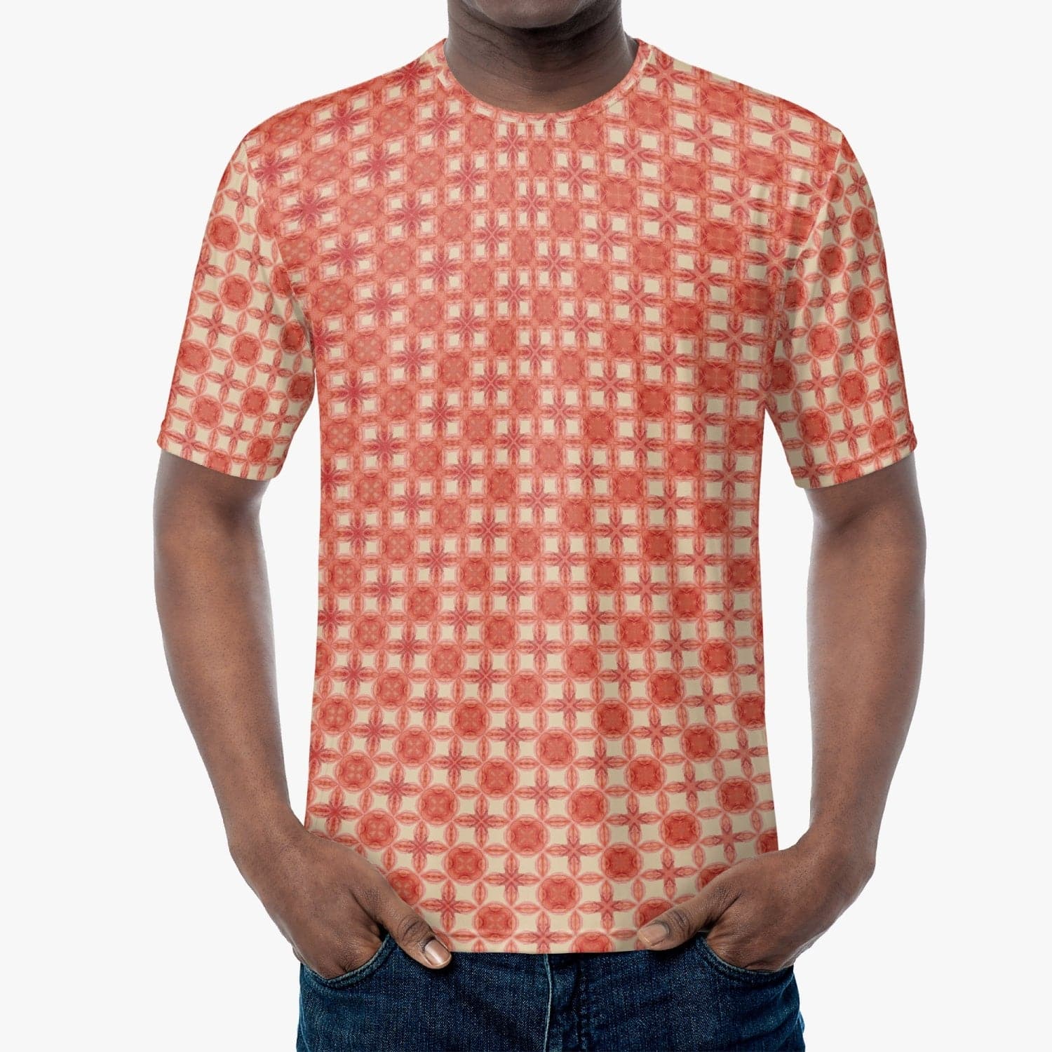 Sensus Studio Design Red and Cream Sophisticated Stylish Patterned Handmade T-shirt for Men