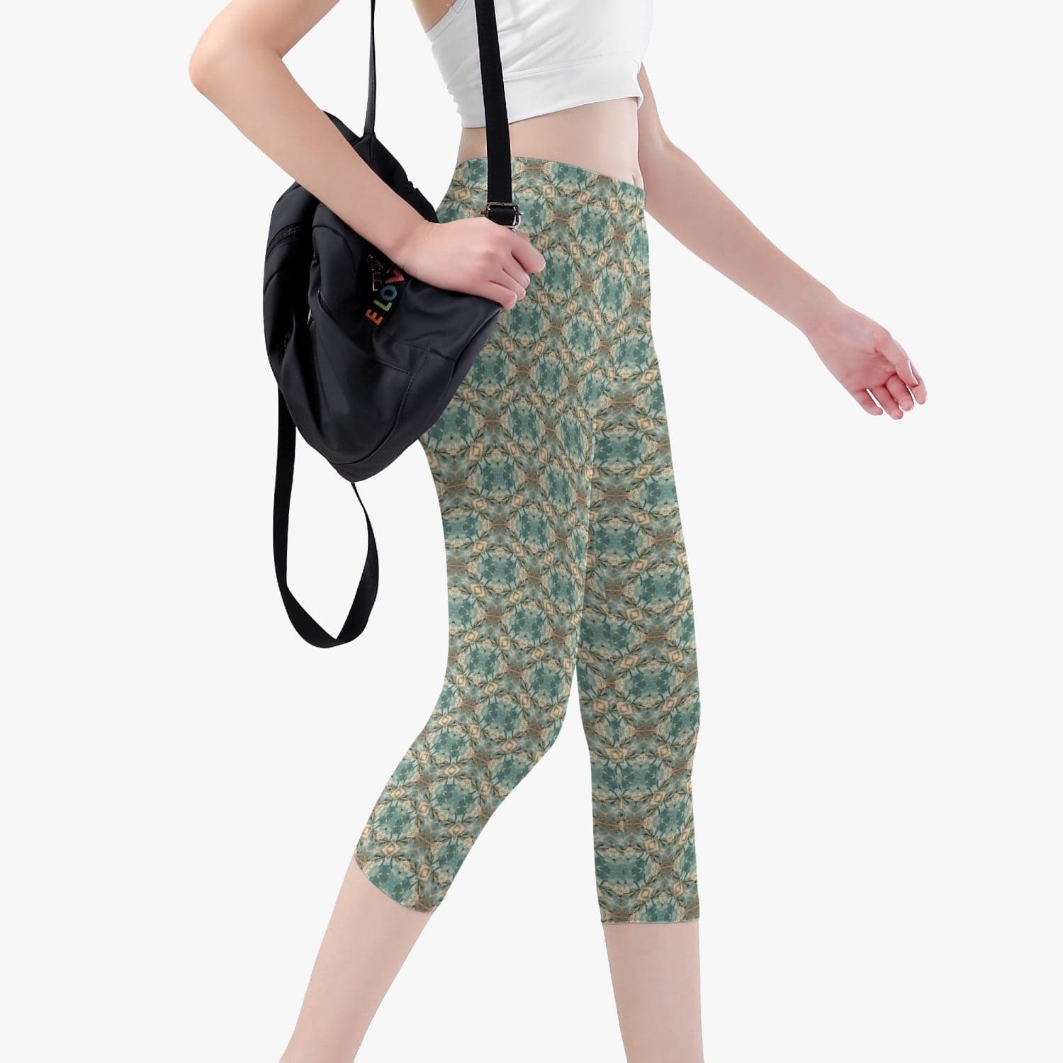 Sand and Aqua Blue patterned design, skinny fit 3/4 Yoga Pants/Leggings, by Sensus Studio Design