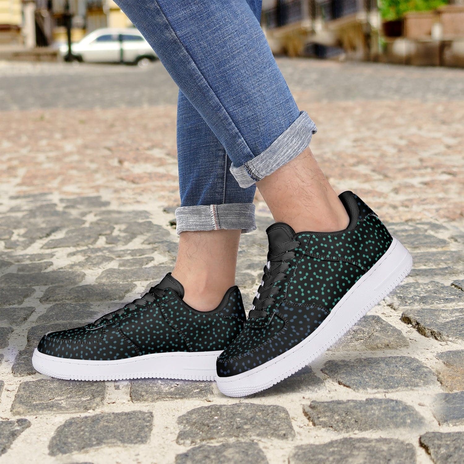 Blue and green night, Stylish 2022 Black Low-Top Leather Sports Sneakers for women, by Sensus Studio Design