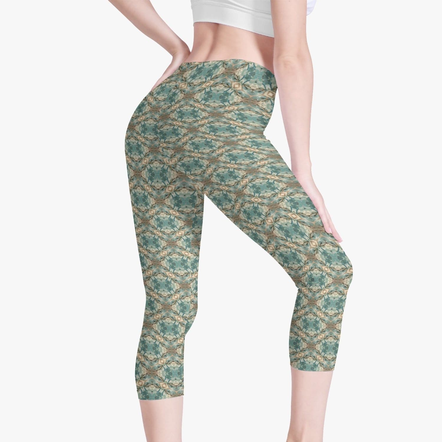 Sand and Aqua Blue patterned design, skinny fit 3/4 Yoga Pants/Leggings, by Sensus Studio Design