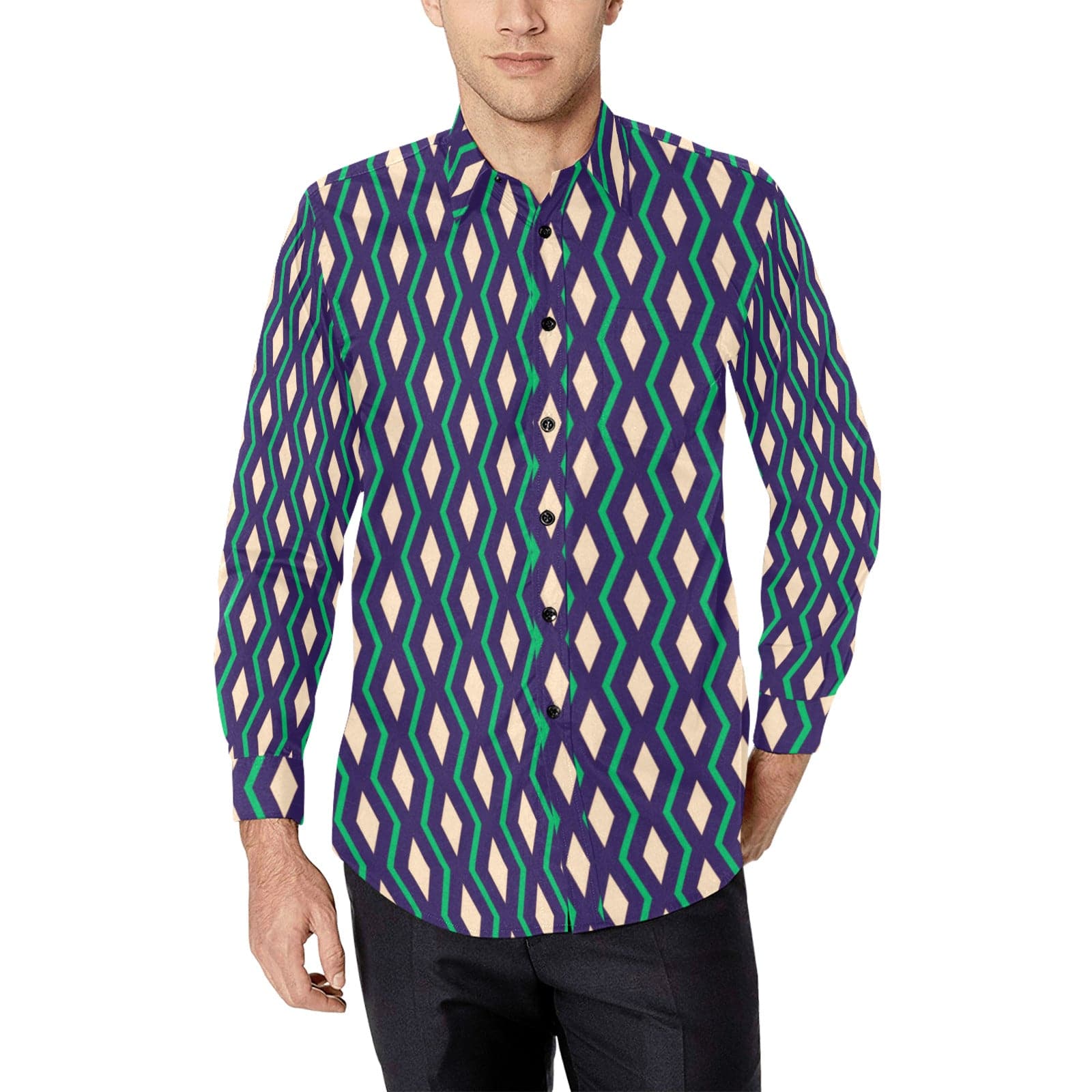 Green Yellow and Purple Patterned Men's Long Sleeve Shirt