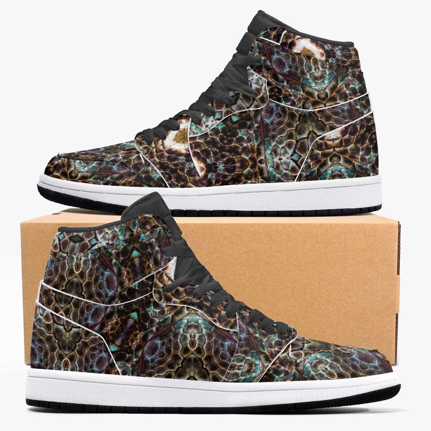 Rattle Snake Kaleidoscope  New Black High-Top Leather Sneakers for Men, by Sensus Studio Design
