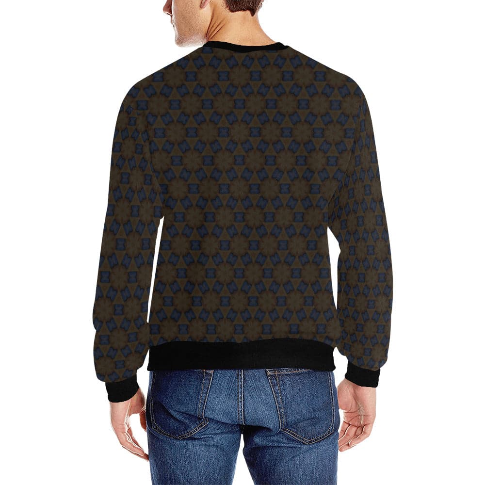 Dark Black and Brown Octagonal Patterned Rib Cuff Crew Neck Longsleeve Sweatshirt for Men