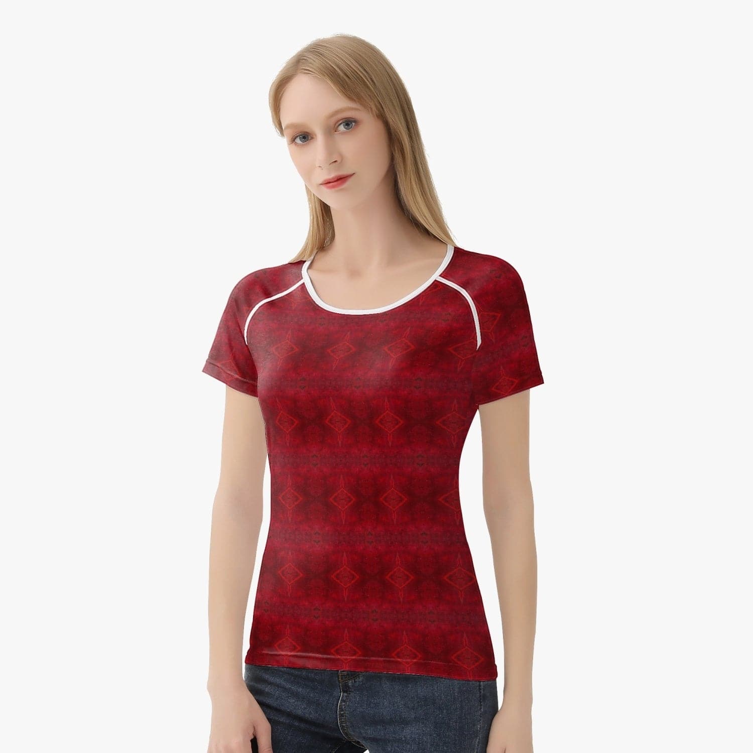 Dark Red Patterned Handmade Stylish Women T-shirt Sports/ Yoga Top, by Sensus Studio Design