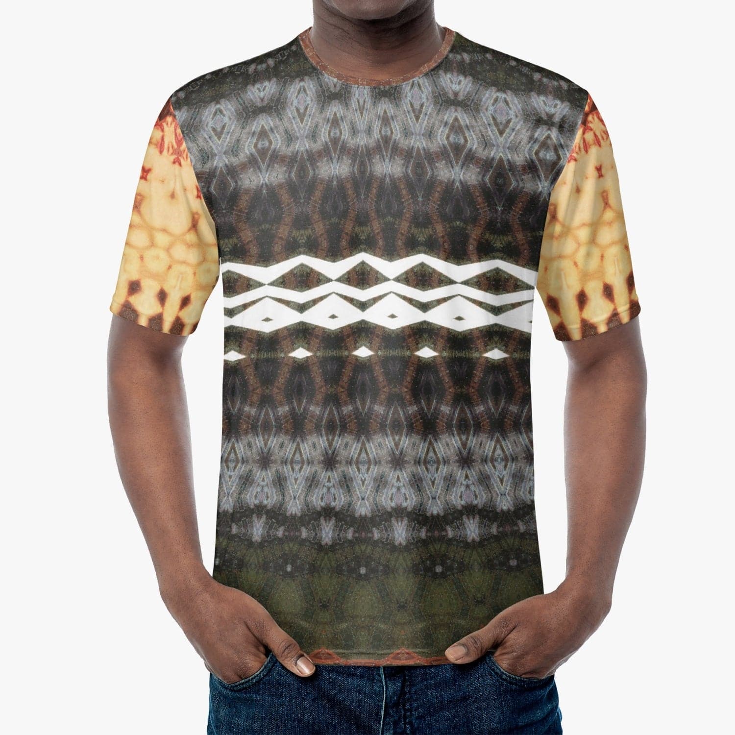 Exclusively Designed Brown Grey and Yellow Handmade T-shirt with White Element