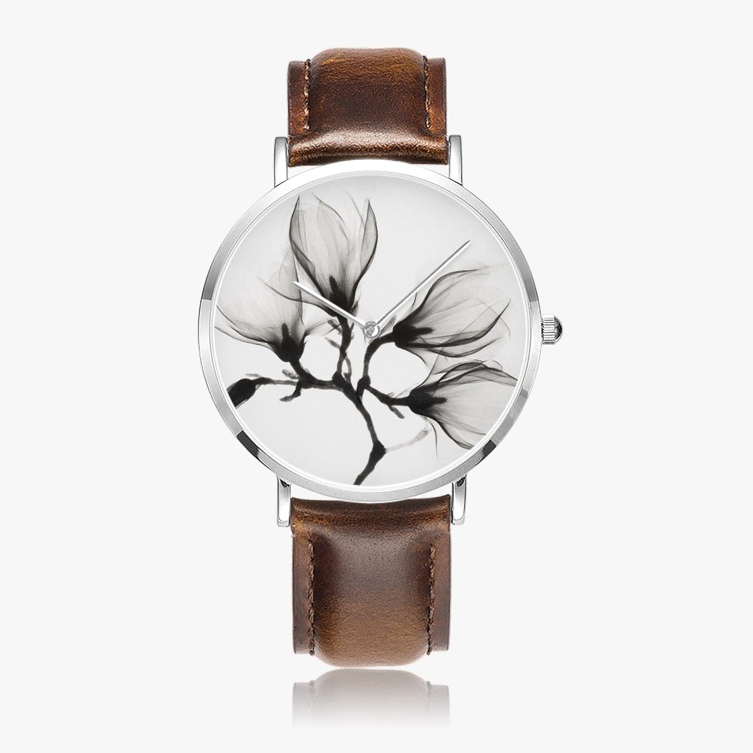 White magnolia  Hot Selling Ultra-Thin Leather Strap Quartz Watch (Silver), By Sensus Studio Design