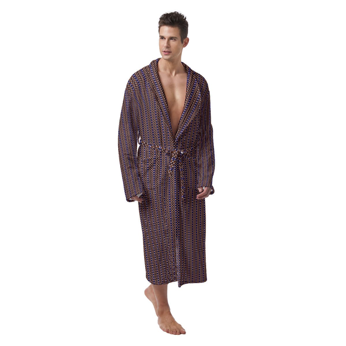 Brown and Purle striped pattern Stylish  Men's Heavy Fleece (Bath) Robe, by Sensus Studio Design
