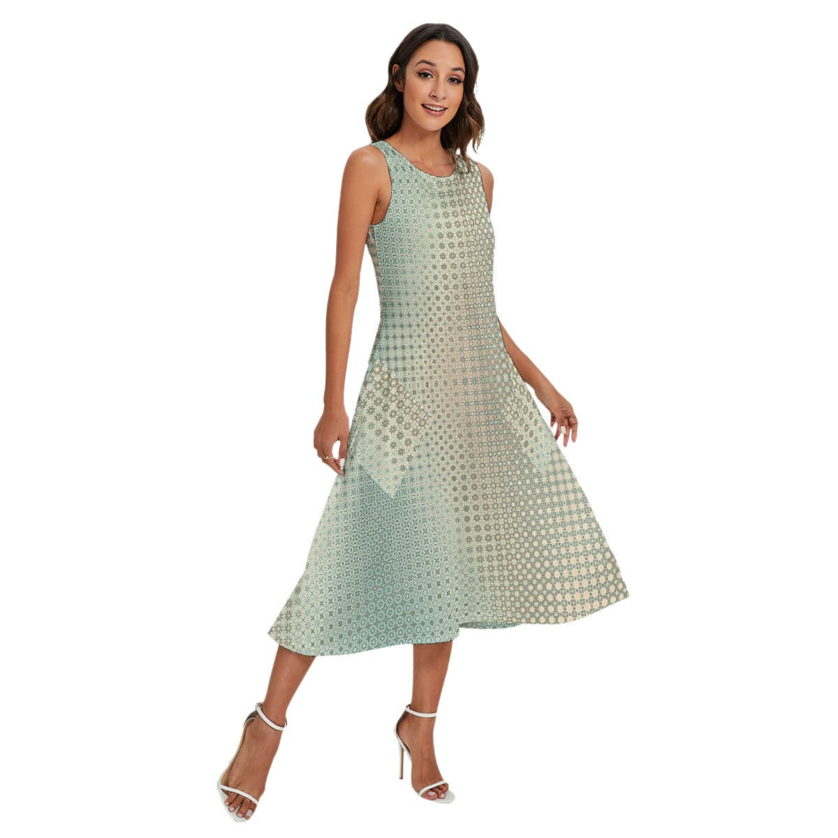 Sand and sea green patterned Women's  Easy going Sleeveless Dress With Diagonal Pocket, by Sensus sT