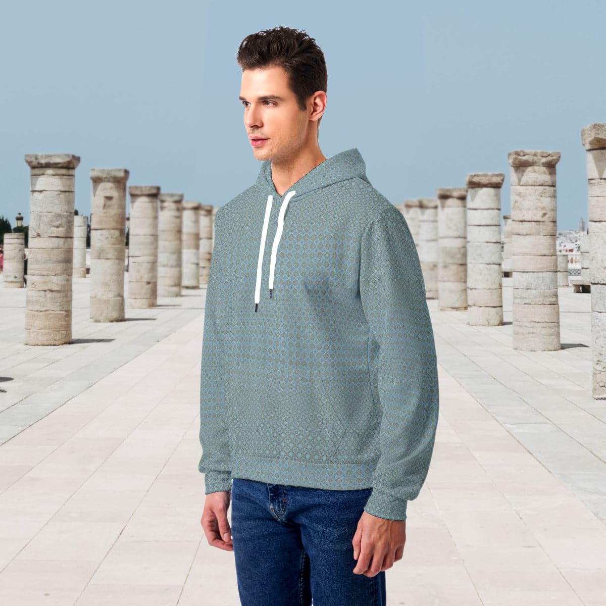 Olive green fine patterned Men's Hoodie With Double-sides Print Hood, by Sensus Studio Design