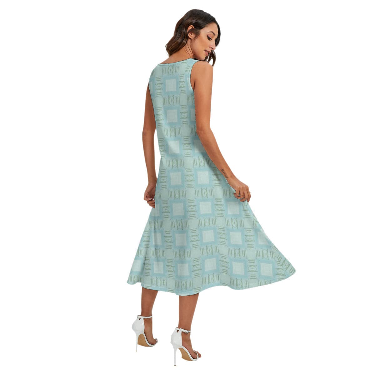 Soft green pattern Women's Sleeveless Dress With Diagonal Pocket,by Sensus Studio Design