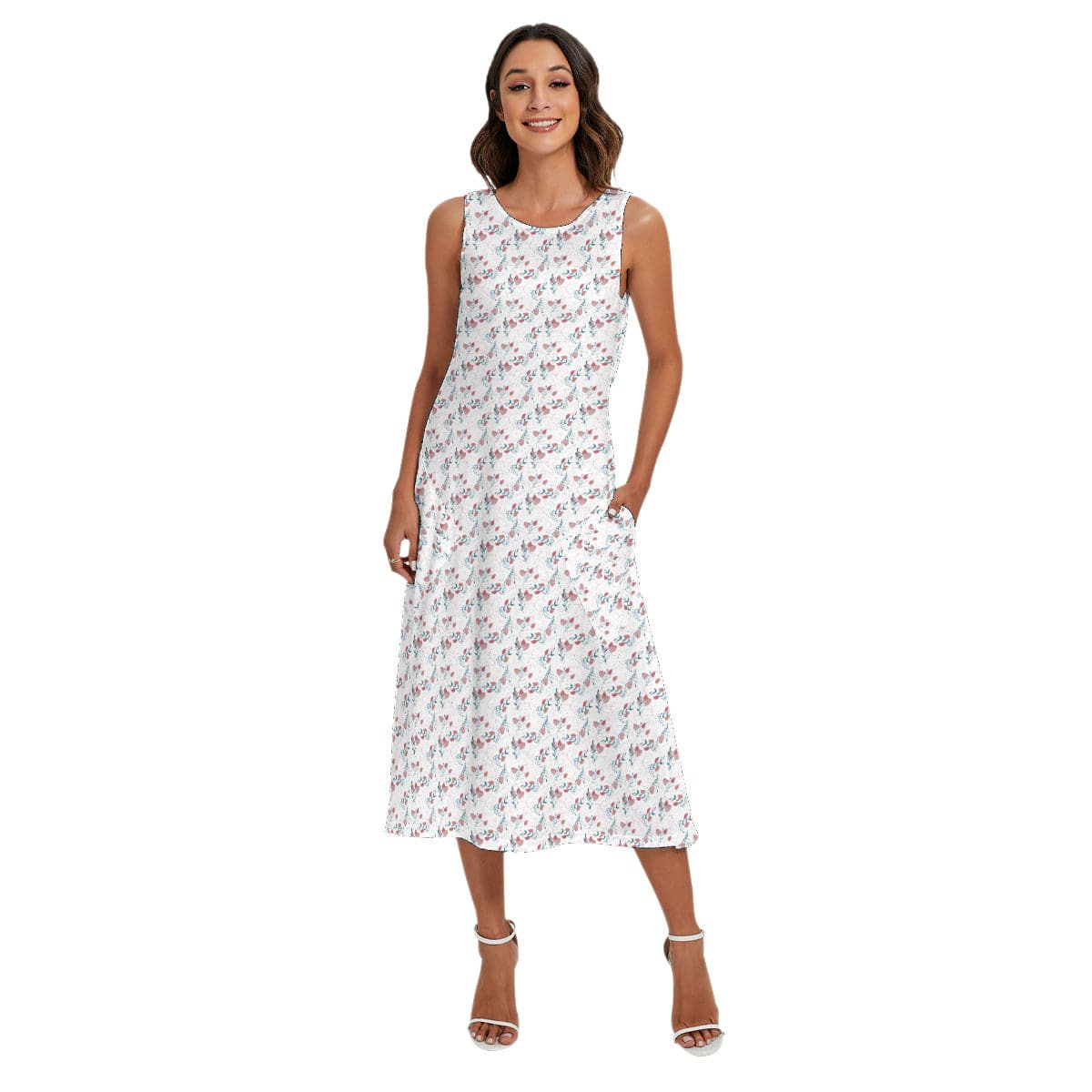 White with flowers patterned Women's Easy going Sleeveless Dress With Diagonal Pocket, by Sensus Stu