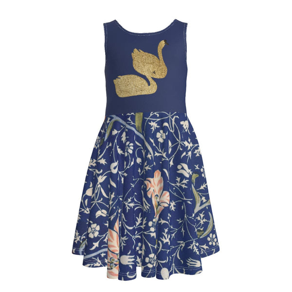 Blue flower with golden Swan,  Kid's Sleeveless Princess Dress, by Sensus Studio Design