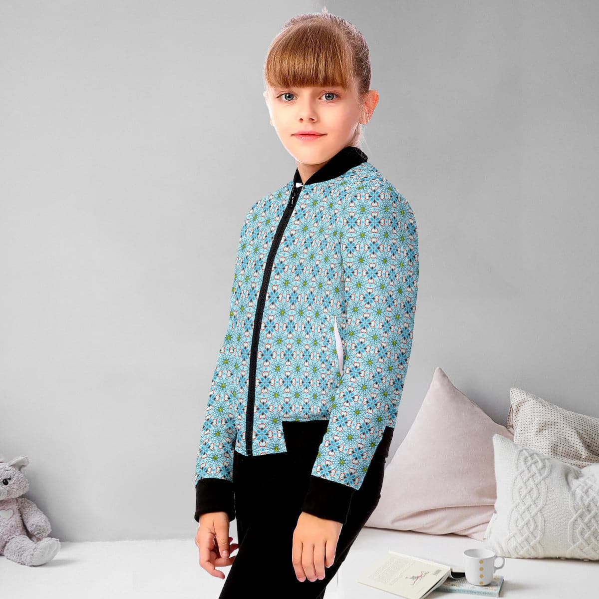 Happy Blue flowered pattern Kid's Bomber Jacket, by Sensus Studio Design