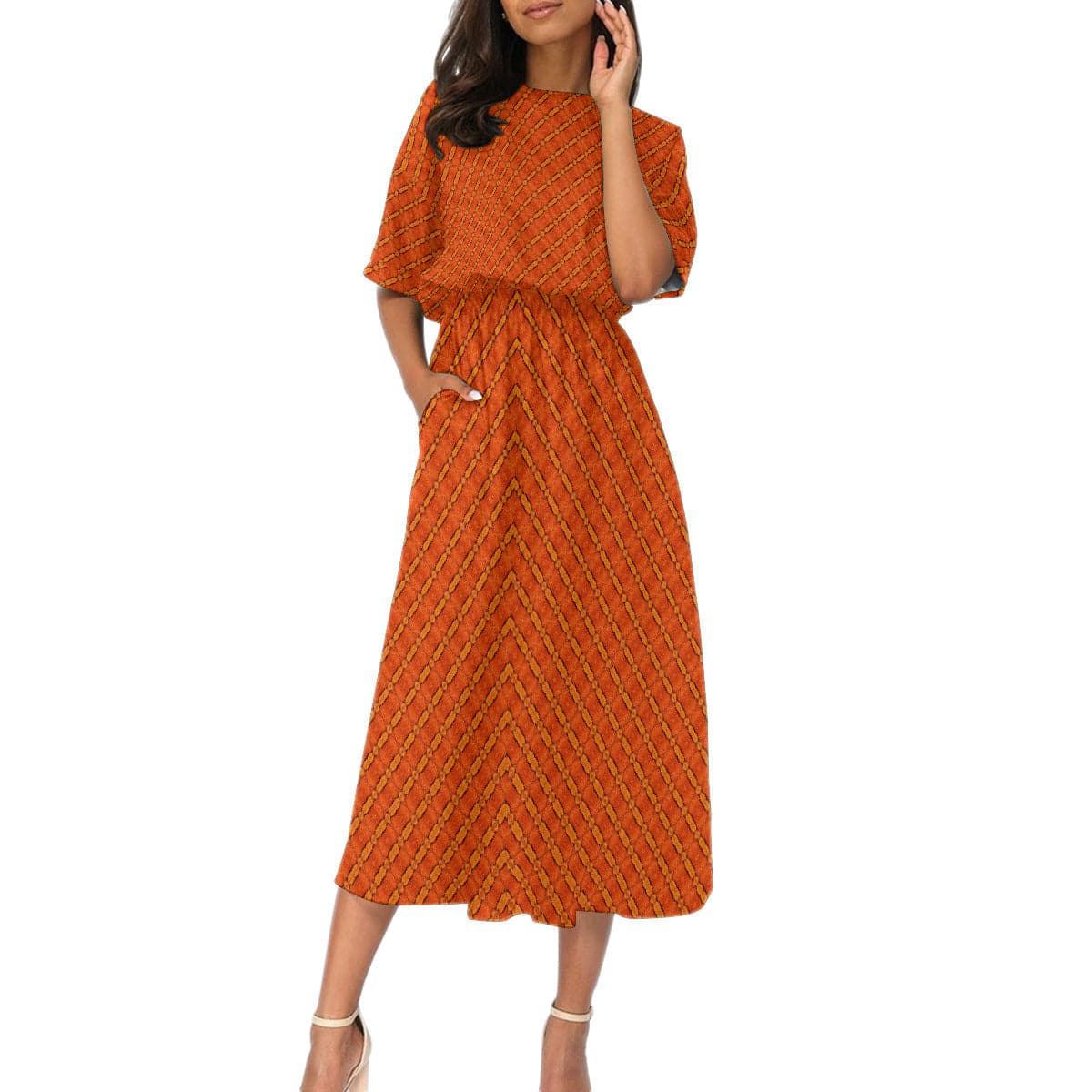 Orange Snake trendy Spring design 2022  Women's Elastic Waist Dress, by Sensus Studio Design