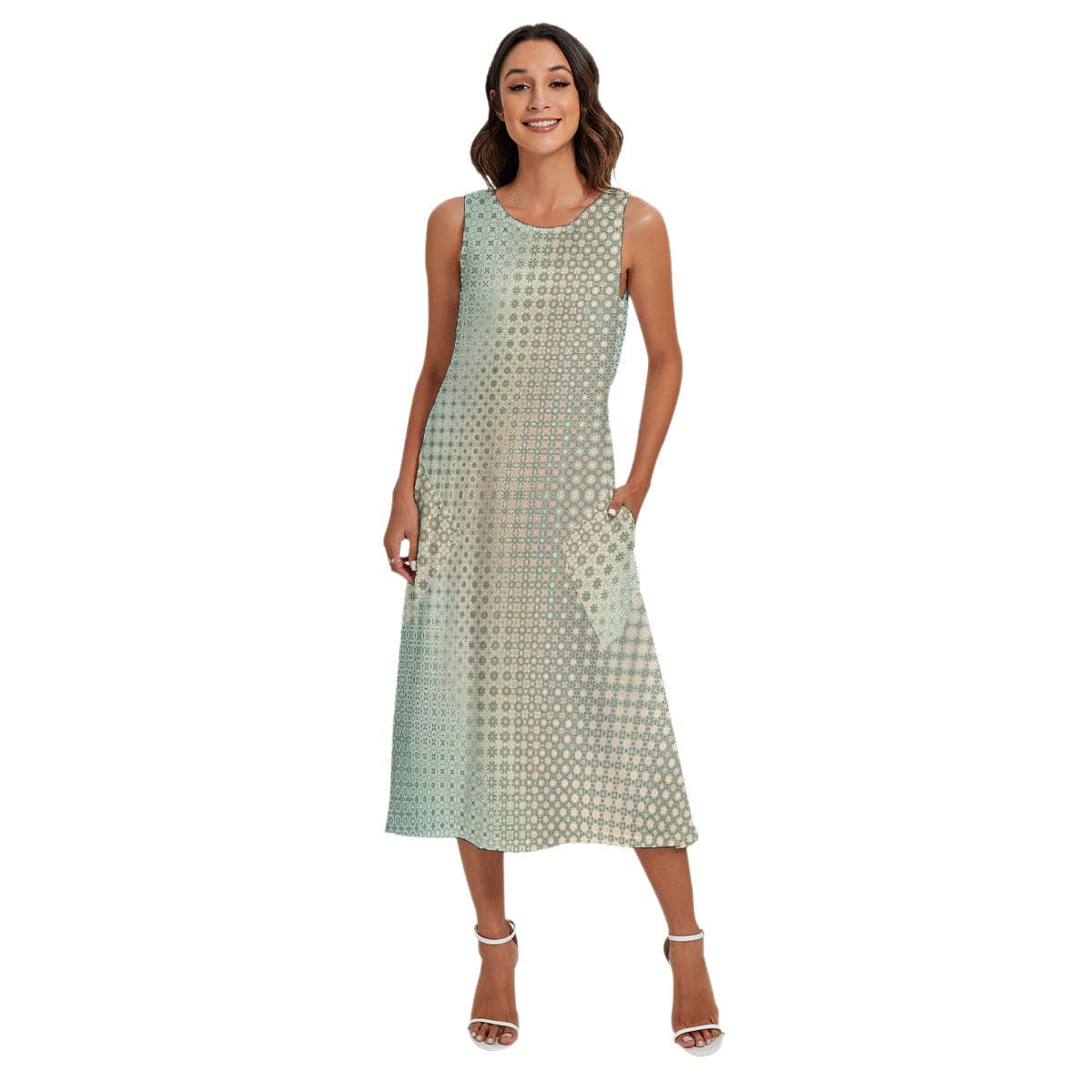 Sand and sea green patterned Women's  Easy going Sleeveless Dress With Diagonal Pocket, by Sensus sT