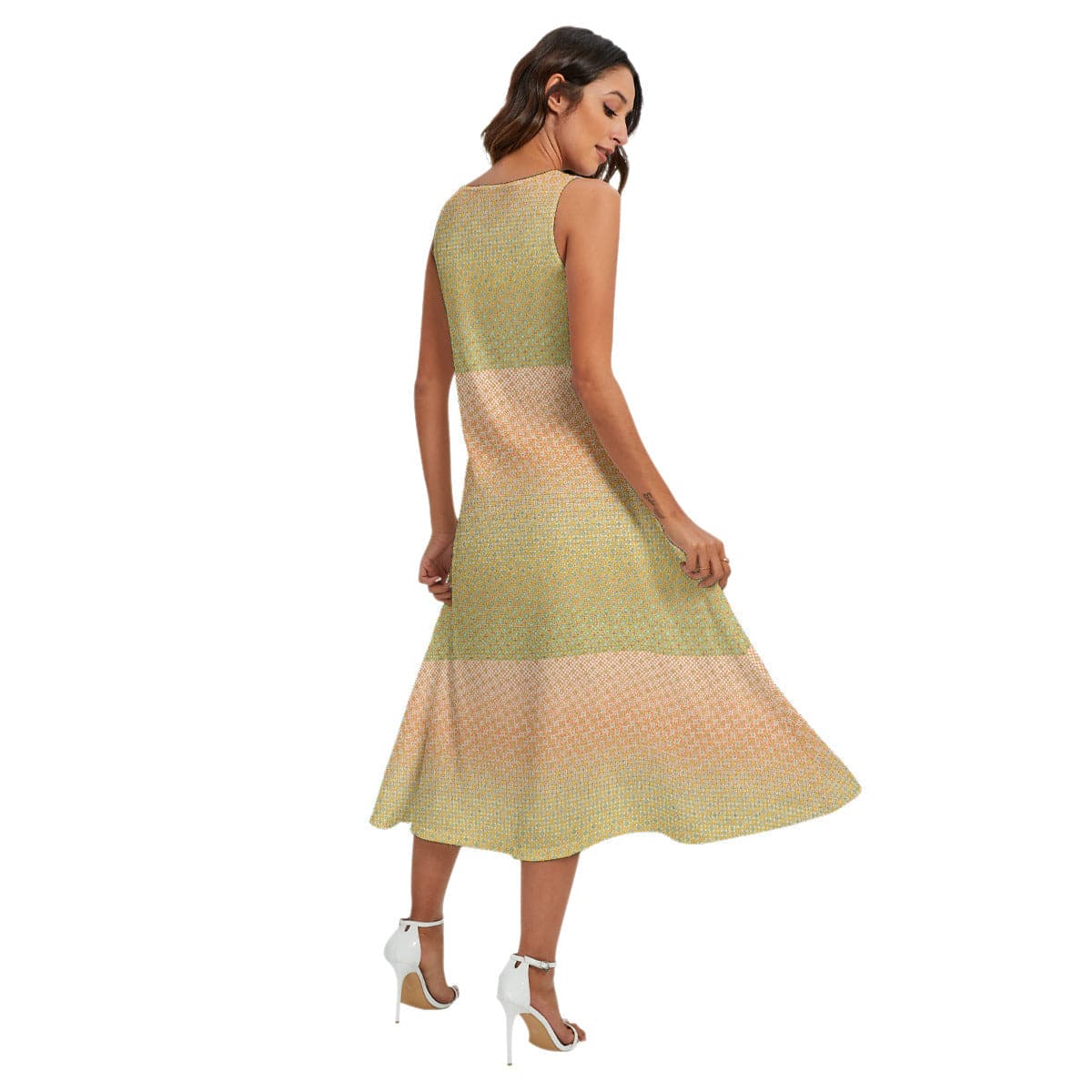Soft green and Rosa fine patterned trendy 2022 Women's Sleeveless Dress With Diagonal Pocket, by Sensus Studio Design
