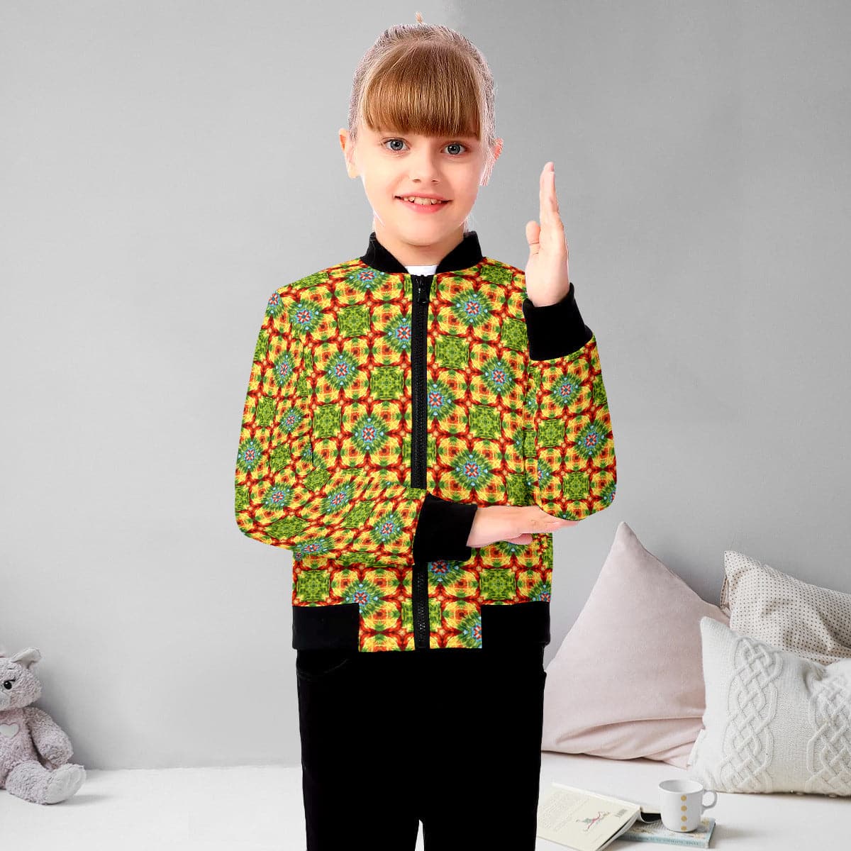 Yellow red blue and green patterned  Kid's Bomber Jacket, by Sensus Studio Design