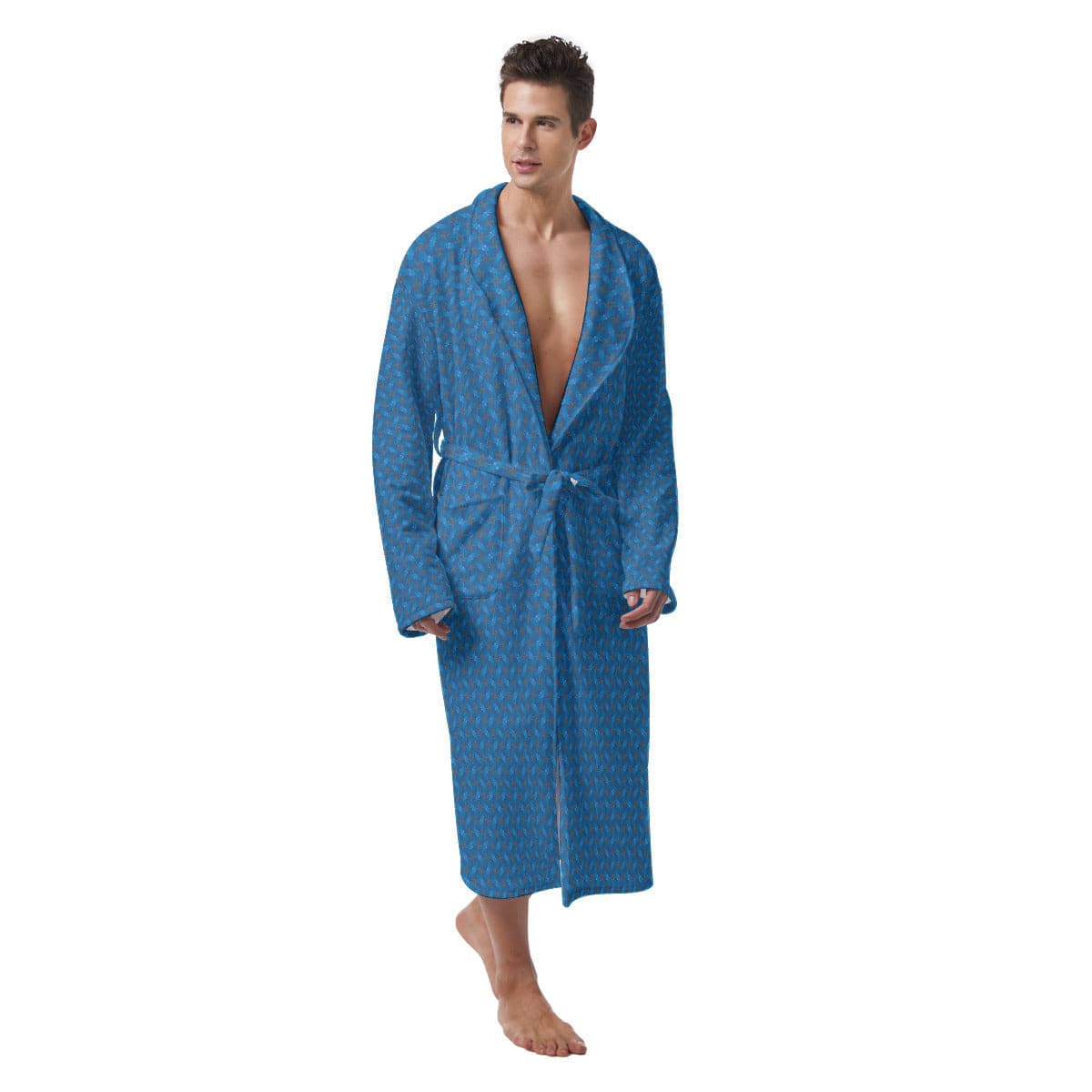 Summer Lake blue patterned Stylish Men's Heavy Fleece ( Bath) Robe, by Sensus Studio Design